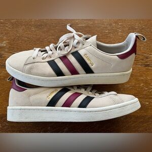 Adidas Campus Shoes - Tan, navy, and Maroon.